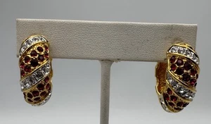 Beautiful JBK Signed Gold Tone W/red And White Pave Rhinestone Hoop Earrings - Picture 1 of 3