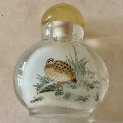 ~ Botella de tabaco de cristal pintado al revés interior vintage - "Codorniz y pinzón" Foto 1 de 4