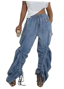 Baggy Cargo Jeans for Women High Waist Wide Leg Denim XX-Large Light Blue - Picture 1 of 7