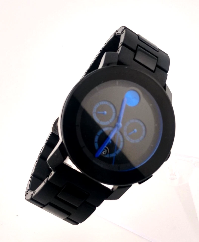 W/box Movado Bold Swiss Chronograph Black Bracelet Blue Watch 44mm