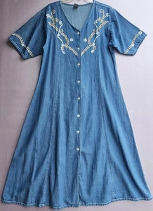 Denim Jazz Kleid Damen groß blau Denim Knopfleiste bestickt Blumen 49" lang - Bild 1 von 10