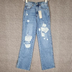 ZGY Denim Jeans Womens Size 26 Blues Hi Mum Splits Raw Hem Non-Stretch Distress - Picture 1 of 12
