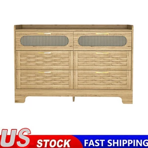 Bedroom 6 Drawer Dresser Wood Rattan Chest of Drawers Storage Organizer Dresser - Picture 1 of 12