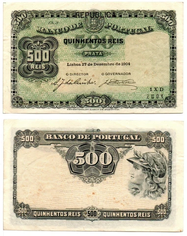 PORTUGAL 500 Reis (12.27.1904) 1917, Pick 105a, Very Fine  *XRARE* Cover