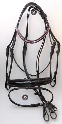 Leder Trense Lack schwarz rosa pink Strass anatomisch soft WB mit Zügel - Bild 1 von 4