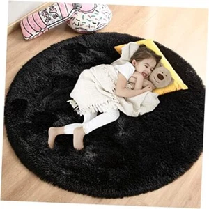 Round Rug for Girls Bedroom, Fluffy Circle Rug 5'X5' for Kids 5x5 Feet Black - Picture 1 of 8