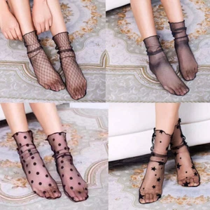 Women Mesh Fishnet Lace Ruffle Socks Sheer Silky Glitter Short Ankle Stockings ↕ - Picture 1 of 31