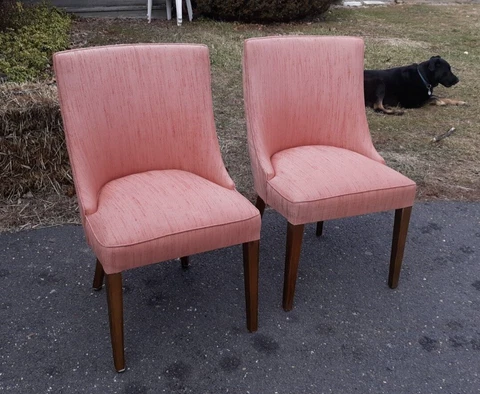 Pair Mid Century Modern Upholstered Side Chairs In Silk Salmon Light Pink Cover