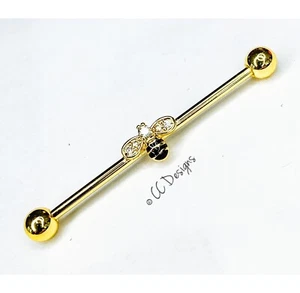 14g gold IP white sparkle cz bumble bee bug industrial bar H12 - Picture 1 of 2