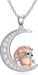 Hedgehog on Crescent Moon Necklace Sterling Silver Pendant Gifts Women Wife Mom - Picture 1 of 7