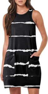 Women's Tank Top Mini Dress Black/White Strips with Pockets - Picture 1 of 15