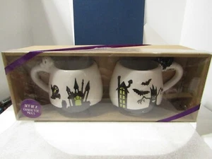 Set of 2 Halloween Mugs Ceramic Halloween Bat & Ghost on Handles - Picture 1 of 5