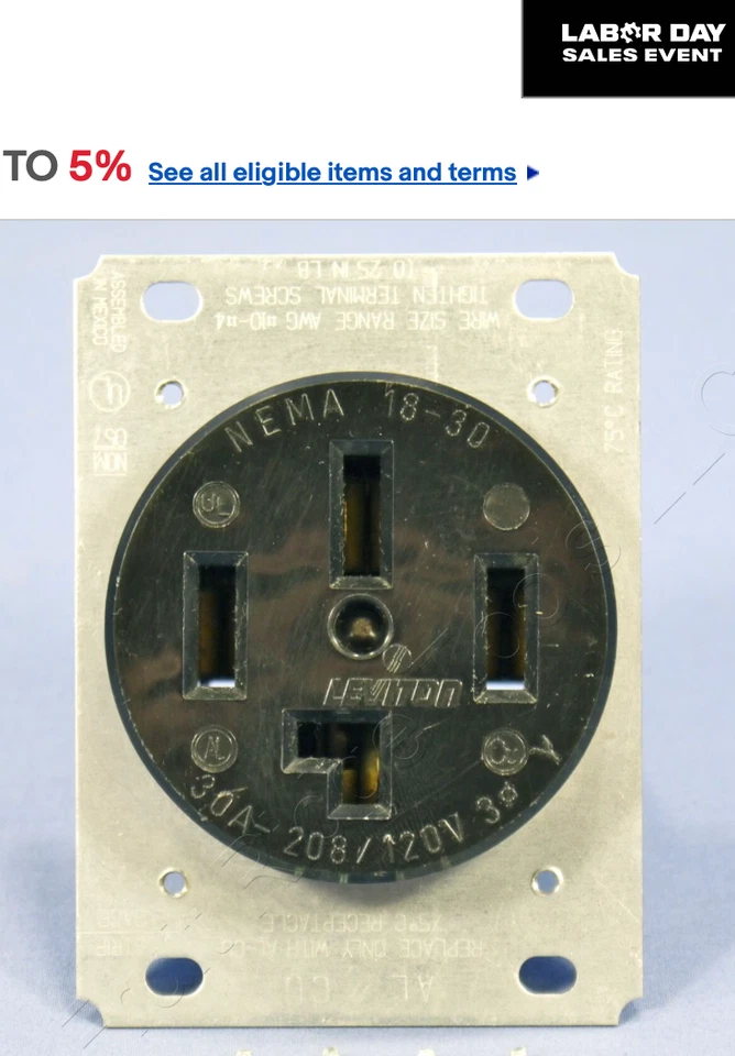 Leviton 8330 18-30 Rec Pwr Outlet NEMA 18-30R 30A 3ØY 120/208V 1 Pack of 2 PCS - Image 1 of 1