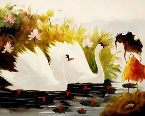 Swan on Pond, #7 , 20x24 Hand Painted Oil Painting on Canvas, Canvas Only - Picture 1 of 6