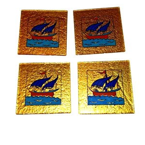ART FUSED GLASS Set Of 4 Coasters Flame Glass SAILBOAT - Picture 1 of 3