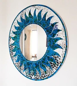 Espejo Pared Redondo Azul Mosaico Diseño Sol 60cm-Hecho a Mano en Bali-NUEVO - Imagen 1 de 6