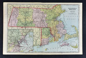 1909 George Cram Map - Massachusetts & Rhode Island - Boston Providence Newport - Picture 1 of 3