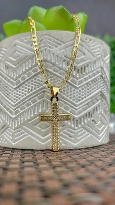 Collar Cruz Circonita cúbica Relleno Oro 14K Unisex Cadena Figaro Elegante Moda Regalo 24x14 Foto 1 de 4