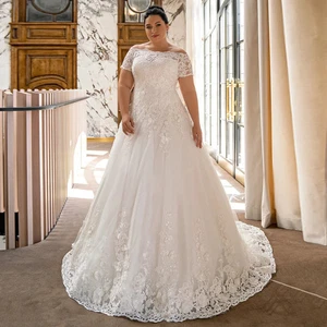 Elegante Vestido de Boda Talla Grande Cuello Barco Mangas Cortas Apliques Tul Novia - Imagen 1 de 7