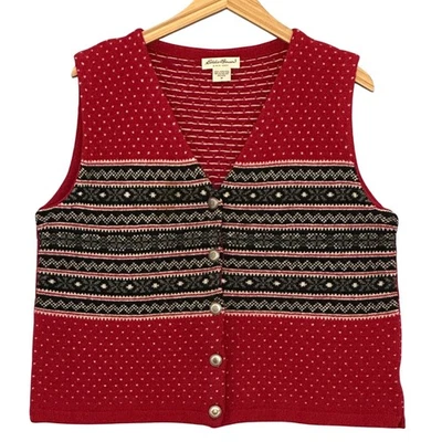 VTG Eddie Bauer Womens Vest PM Petite Red Lambswool Fair Isle Classic Preppy - Image 1 of 4