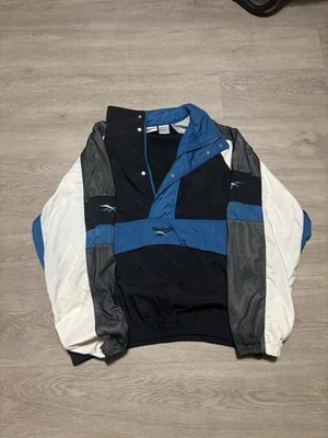 Vintage 90s Reebok Jacket Mens Medium Hidden Hood Half Zip Snap Up Hooded Blue - Image 1 of 3