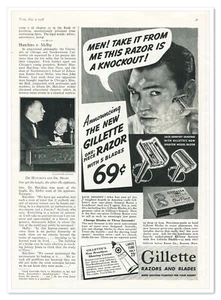 Anuncio impreso Gillette navaja de afeitar de una pieza Knockout vintage 1938 anuncio de 3/4 páginas - Imagen 1 de 4