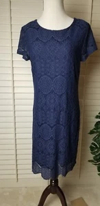 Laundry Lace Cocktail Dress 8 by Shelli Segal Navy Blue Floral Lined Cap Sl EUC - Picture 1 of 13
