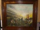 Old Oil painting night sea city boats people & soldiers signed Morgan 88 48x54cm