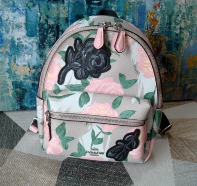 COACH F25869 Camo Rose Mini Charlie Backpack Khaki/Blush Color - Image 1 of 4