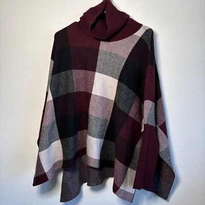 Women’s Poncho Turtleneck Sweater Oversized Size Small Burgundy Plaid Lagenlook - Image 1 of 4
