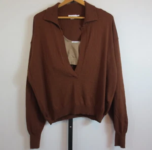 Good American Sheer Henley Sweater Scoop Bra Womens 3/4 4 L/XL Low Neck Brown - Picture 1 of 10