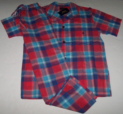 NUEVO CON ETIQUETAS Polo Ralph Lauren TURQUESA/ROJO Cuadros ALGODÓN Pijama/Juego de Salón Para Hombre L PONY Foto 1 de 4