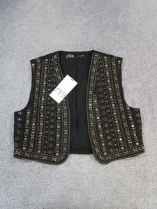 Zara Vest Womens Small Balck Yellow Open Front New - Picture 1 of 10