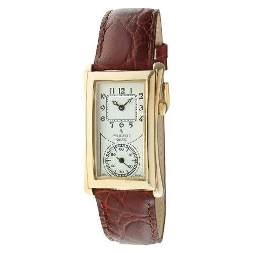 Peugeot 2038G 24 mm Gold Sapphire Crystal Case with Red Leather Strap Unisex Vintage Wristwatch