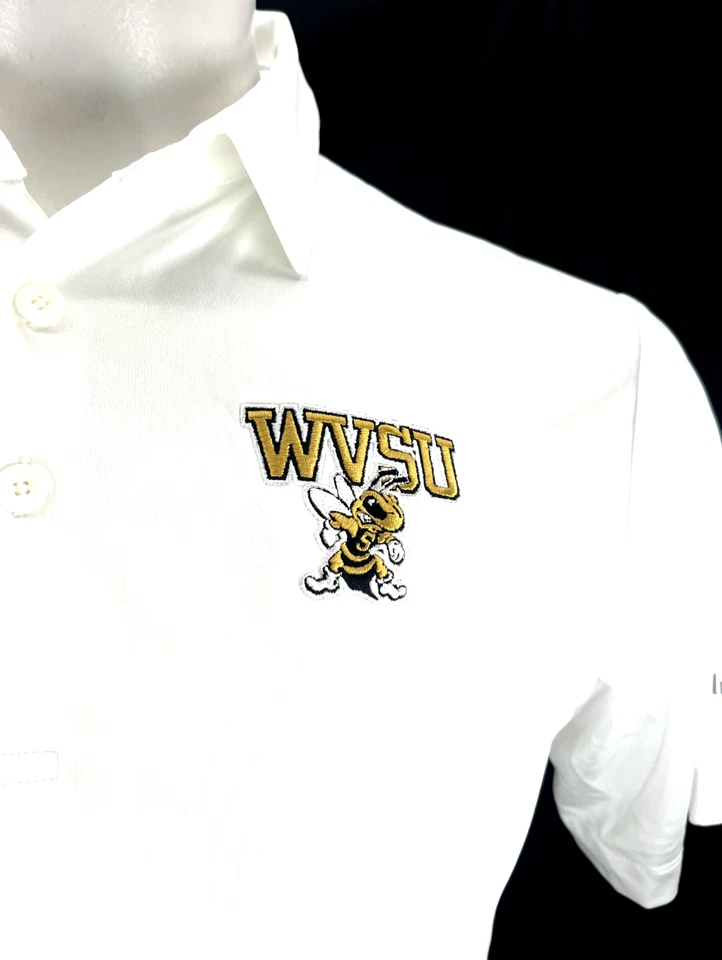 全新 WVSU 黄色夹克 哥伦比亚高尔夫 Omni-Wick Polo 白色衬衫 男式 M — 第 1/4 张图片