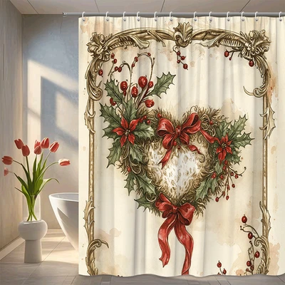 Cortina de ducha vintage de corazón de Navidad con acebo y lazos Foto 1 de 4