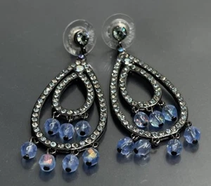 Joan Rivers Women’s Pierced Dangle Earrings Gunmetal Faceted Crystal 2.25” - Picture 1 of 8
