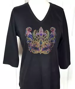 S - XL Top Rhinestone Bling Masquerade Mardi Gras Mask Party Short or 3/4 Sleeve - Picture 1 of 11
