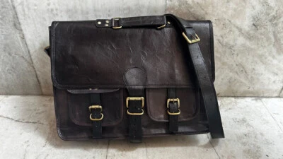 Handmade Black Goat Leather Laptop Messenger Shoulder Briefcase Flap over bag - Image 1 of 3
