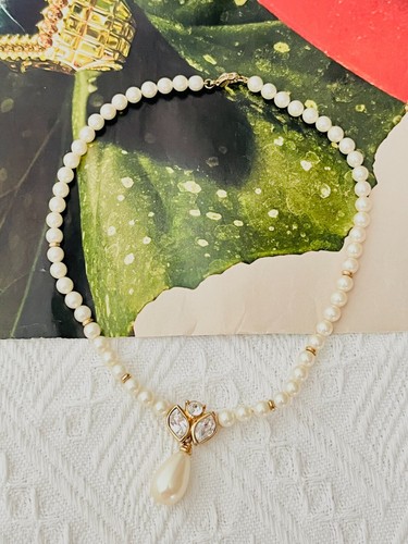 Collana Christian Dior vintage anni 80 perle bianche cristalli goccia acqua