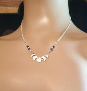 Moon-phase Necklace with Amethyst and Onyx ~ Pagan Wicca Jewellery ☆ - Picture 1 of 5