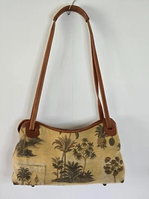 Tommy Bahama Tapestry Tropical Palm Tree Shoulder Bag Brown Leather Canvas - Image 1 of 4