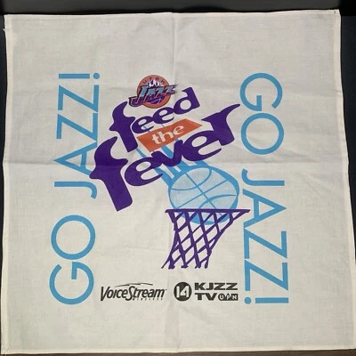 Vtg Utah Jazz NBA Go Jazz “feed the fever” Rally Towel Banner, KJZZ TV Sponsor - Image 1 of 4