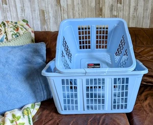 2 Vintage Rubbermaid Square rectangle Laundry Basket # 2972 & 2965 slate Blue - Picture 1 of 6