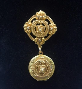 FLORENZA VINTAGE VICTORIAN REVIVAL DANGLE LOCKET BROOCH SIGNED - Picture 1 of 6
