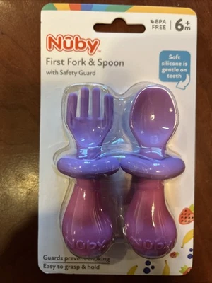 Nuby Baby's First Fork & Spoon w/ Safety Guard Set Pink/Purple 6M+ BPA Free - Image 1 of 2