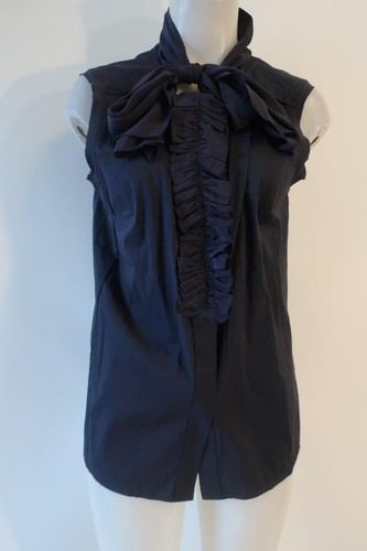 Camicetta senza maniche donna Tory Burch blu navy con volant e orlo in seta cravatta collo fiocco 12