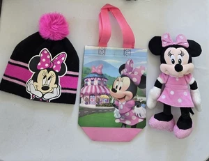 3 Disney Minnie Mouse Items, Toddler Knit Hat, Tote Bag, Plush 10" Minnie - Picture 1 of 13