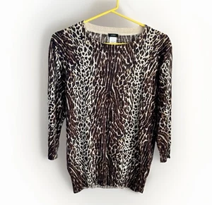 J Crew Womens Tippi Merino Wool Sweater Sz L Leopard 3/4 Sleeve Crew Neck Soft - Picture 1 of 7