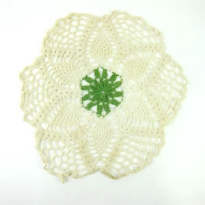 Vintage Hand Crochet Doily Green & Ivory White 12" Scallop Edge Shabby Cottage - Picture 1 of 13